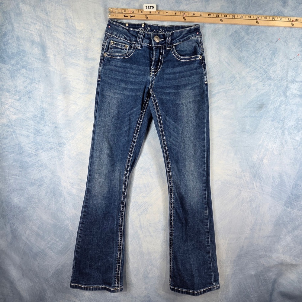 Wired Heart Girls Blue Bootcut Jeans Size 8 Embroidered Rhinestone Pockets Denim